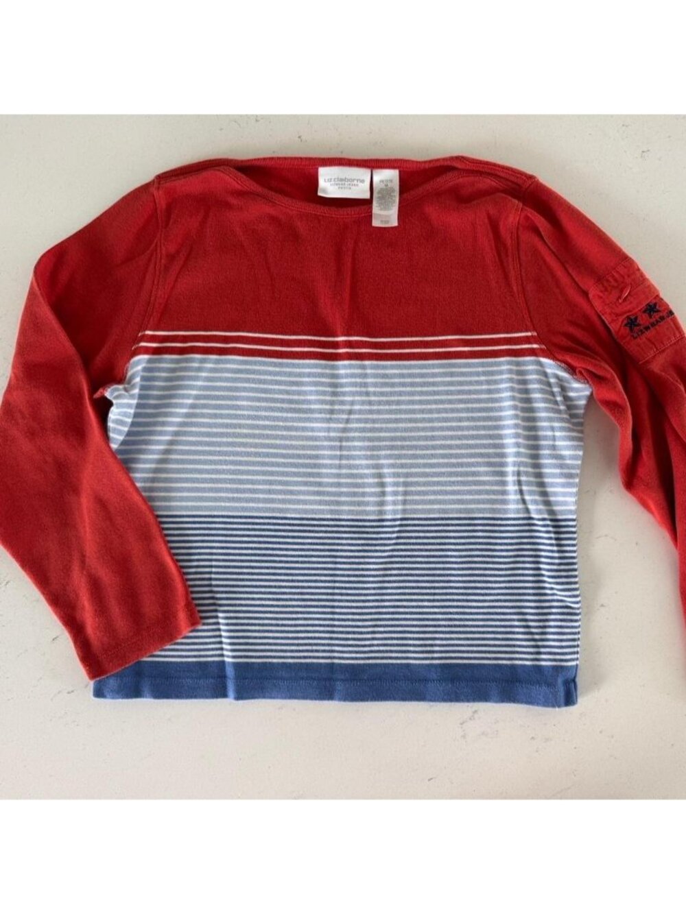 Liz Claiborne red and blue striped long sleeve top Size M #striped